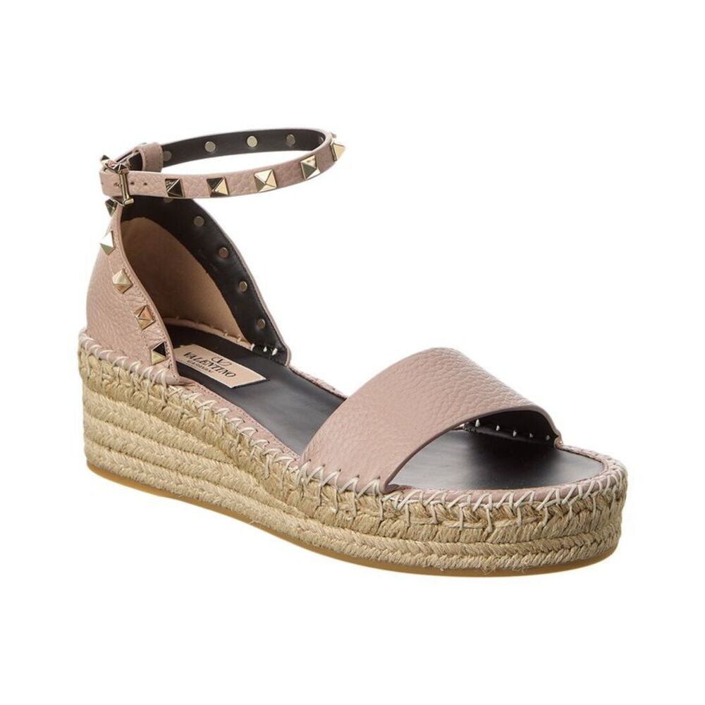 Valentino Rockstud 55 Grainy Leather Platform Sandal, Beige